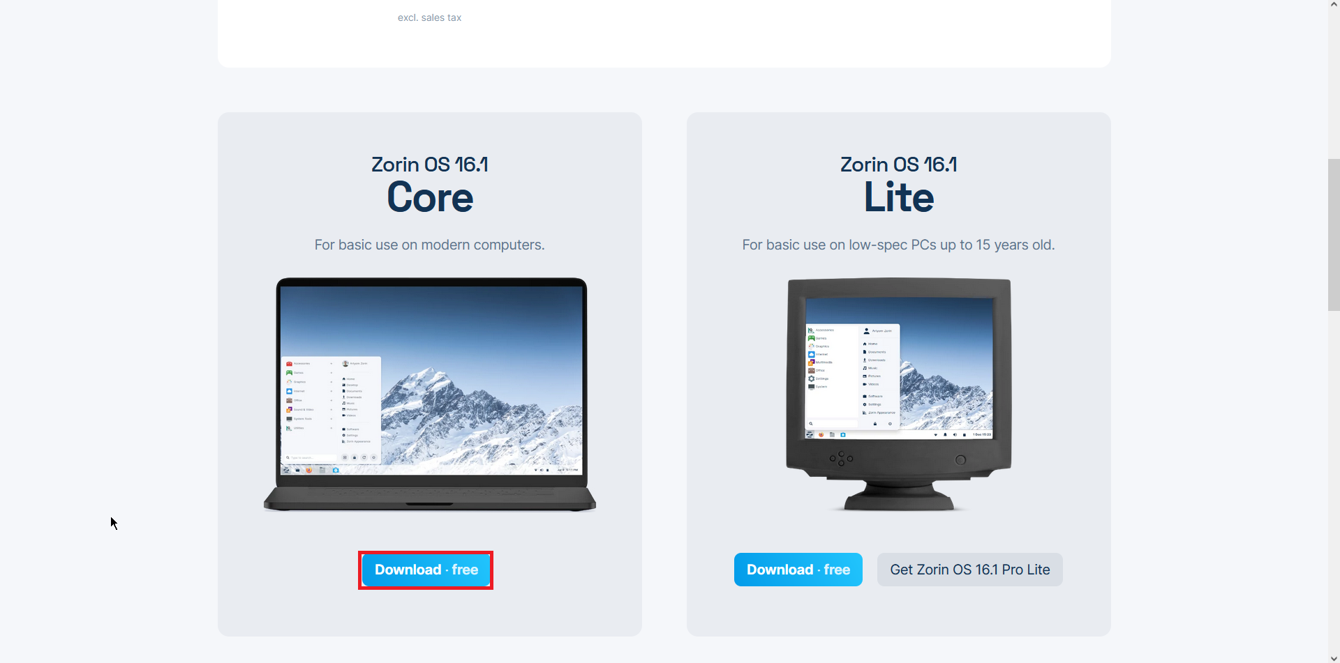 Zorin OS 16.1 Core ダウンロード画面
