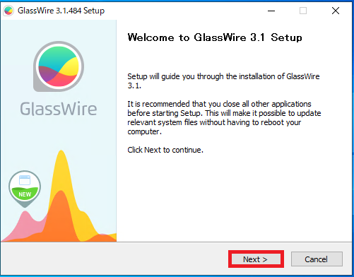 Welcome to GlassWire 3.1 Setup画面