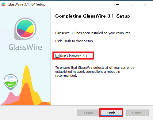 Completing GlassWire 3.1 Setup画面