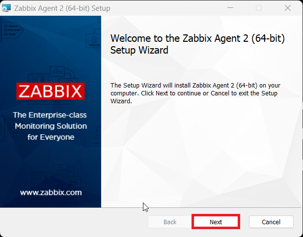 Welcome to the Zabbix Agent 2(64-bit) Setup Wizard