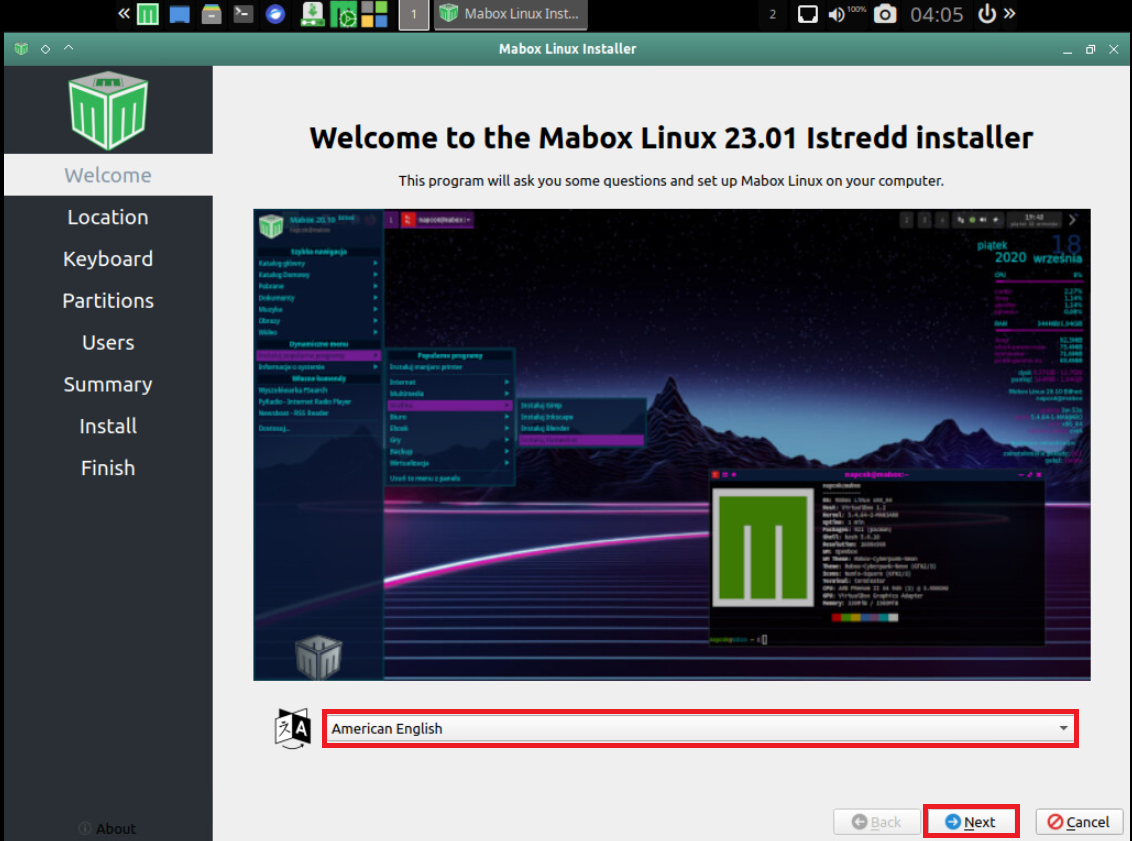 Welcome to the Mabox Linux 23.01 Istredd installer画面