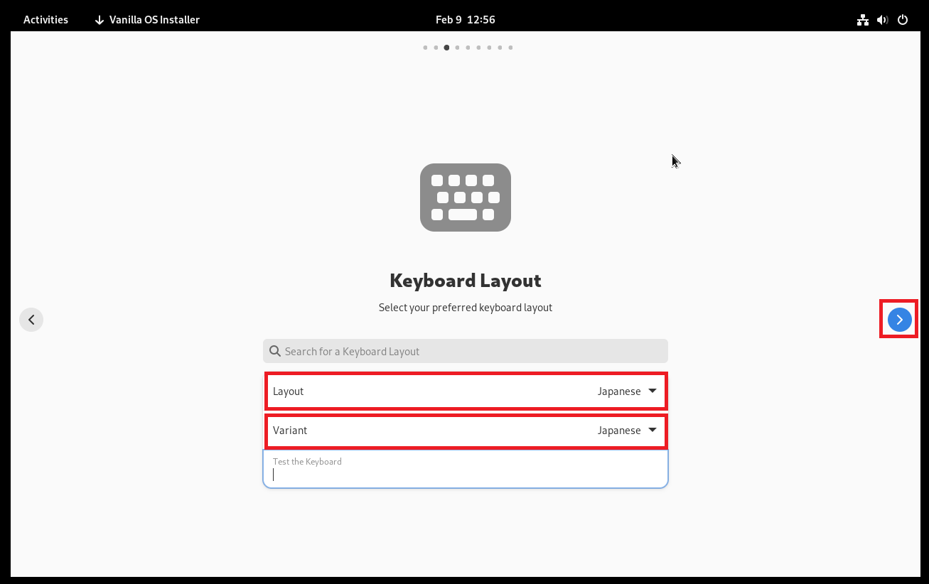 Keyboard layout選択画面